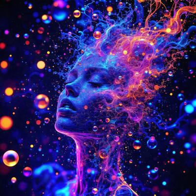 The primary subject of the image is a woman with a blue and purple head, surrounded by a vibrant and colorful environment. The setting includes a background of bubbles and a purple and blue sky. The visual style of the image is digital art, with the woman's head being depicted in a surreal and artistic manner. The colors and mood of the image are lively and energetic, with the woman's head being the focal point of the scene.